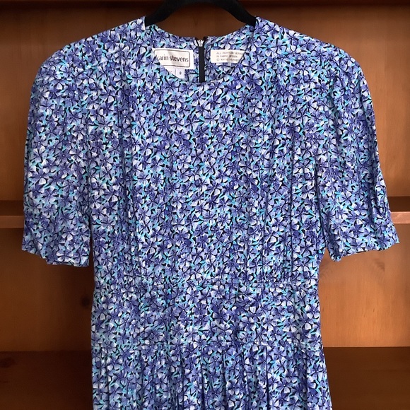 karin stevens Dresses & Skirts - VTG 80s Karin Stevens Blue Floral Midi Dress Size 8 | Prairie Secretary Dress